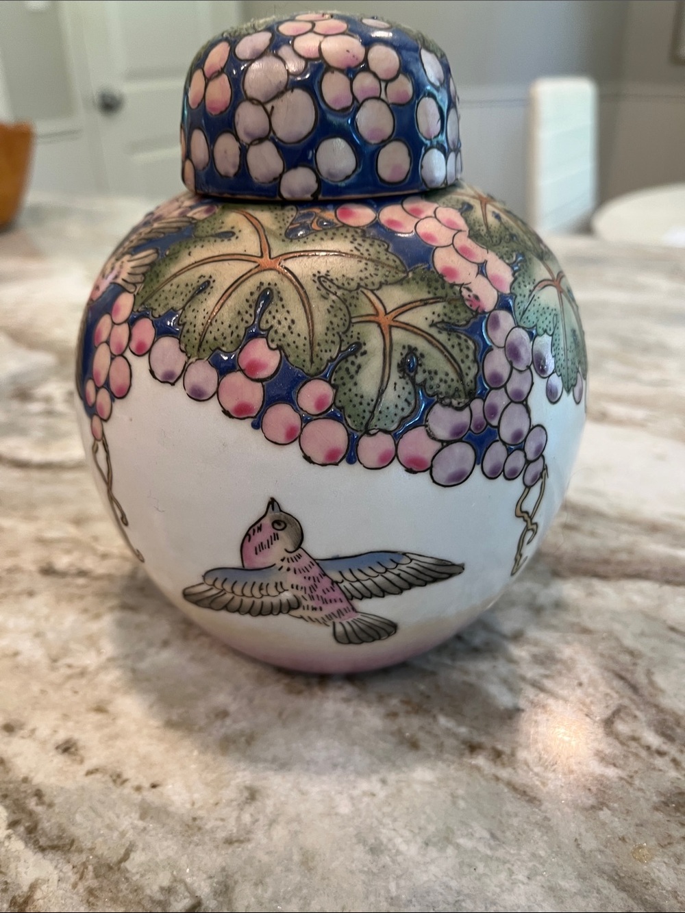 Vintage Hand-Painted Ceramic Ginger Jar with Birds & Grape Motif - Pink & Blue